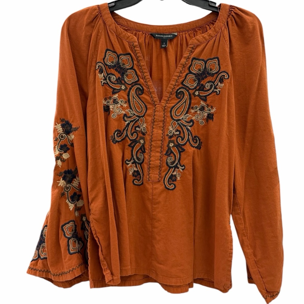 Banana Republic Factory Boho Embroidered Blouse Peasant Top Orange Long Sleeve S